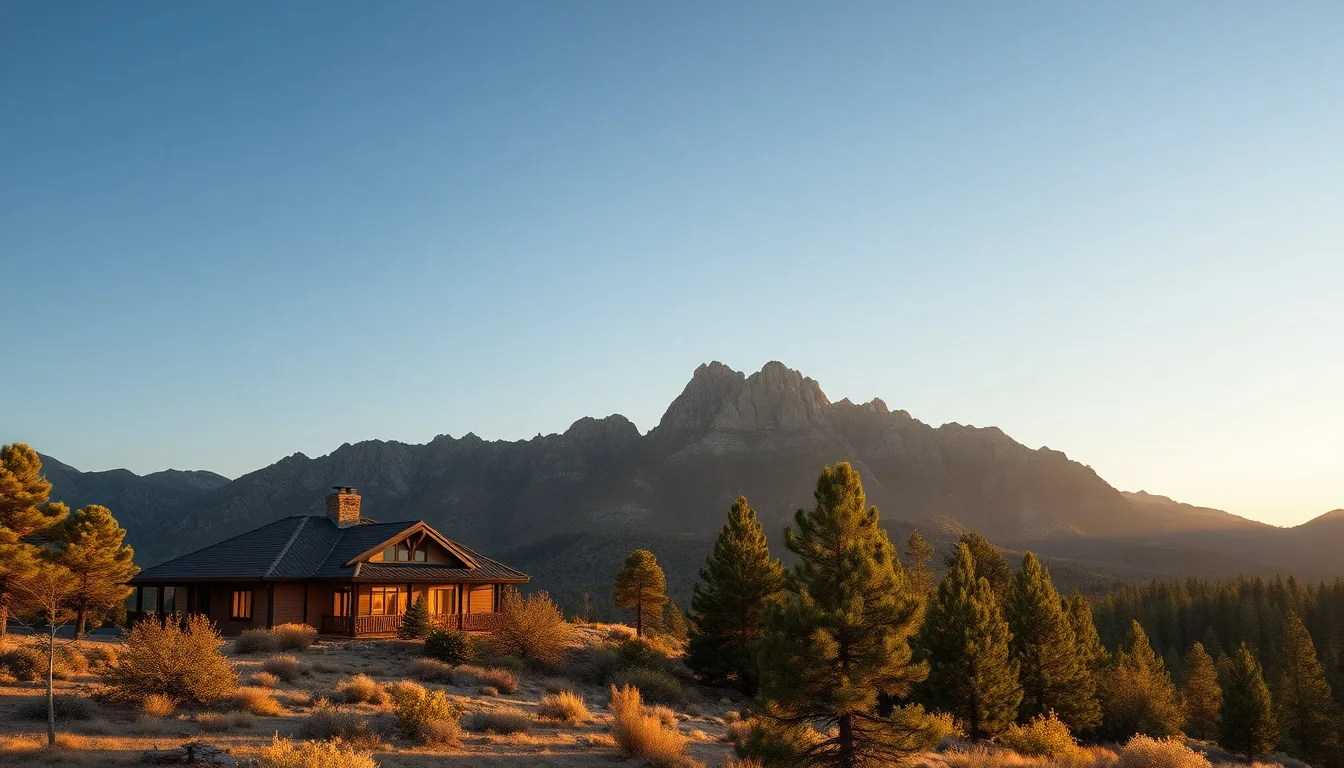 Mountain home with defensible space landscaping near pine forest